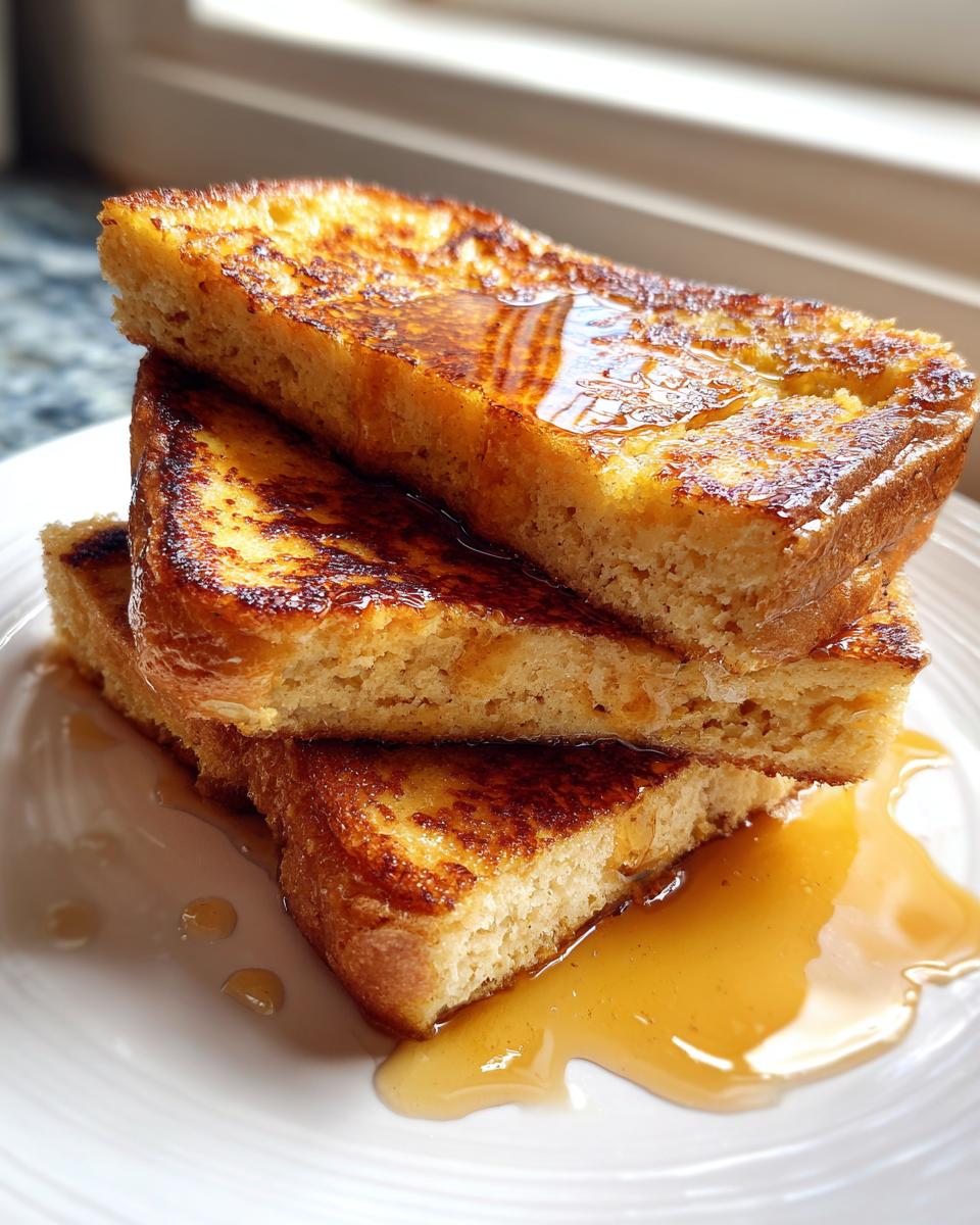A stack of three thick slices of golden brown sourdough french toast drizzled generously with maple syrup.