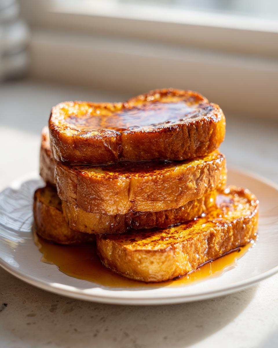 A stack of four thick slices of golden brown sourdough french toast generously topped with maple syrup.