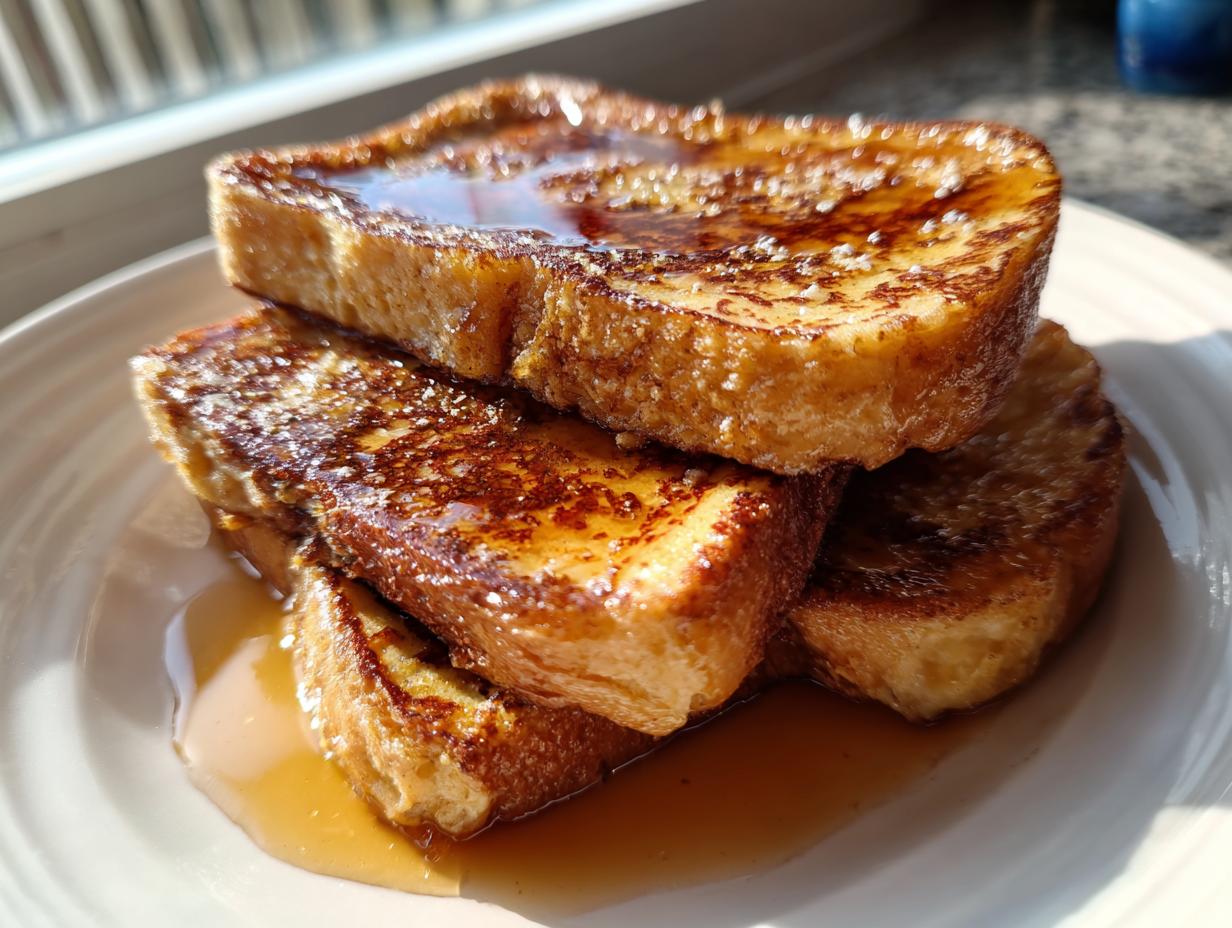 A stack of thick, golden-brown sourdough french toast drizzled generously with maple syrup.