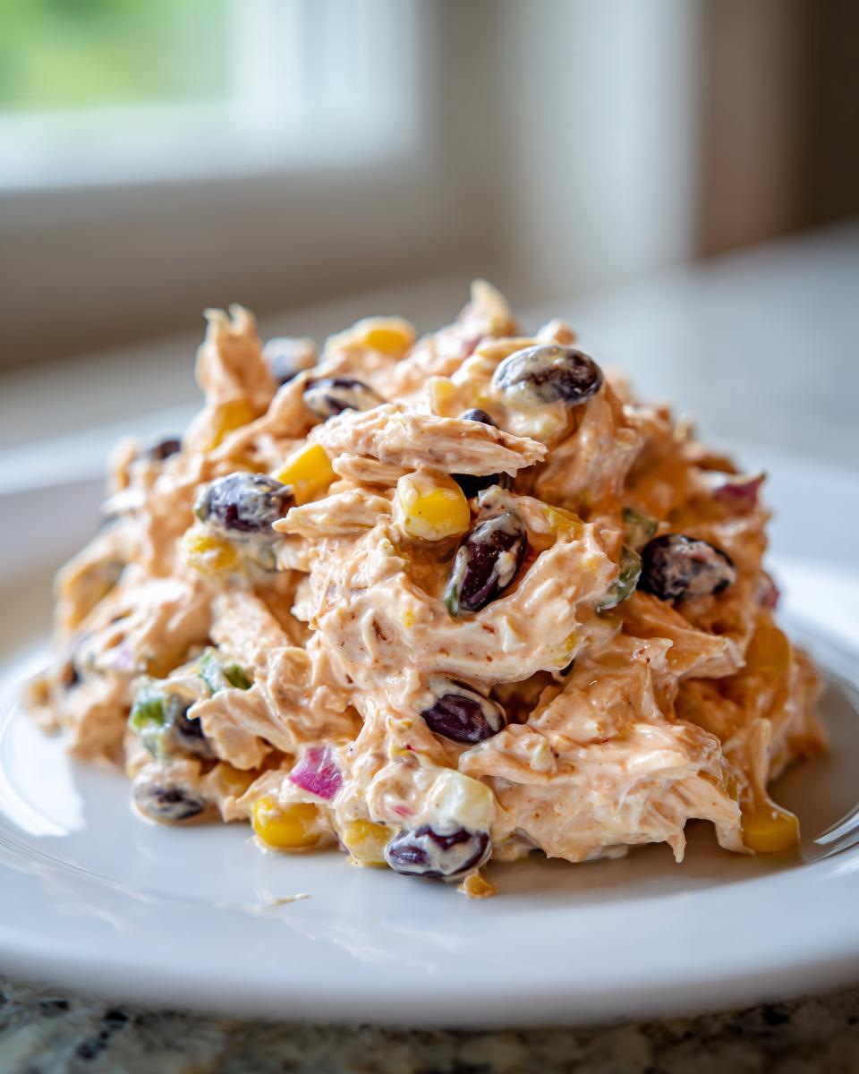 A mound of creamy southwest chicken salad featuring shredded chicken, black beans, and corn kernels on a white plate.