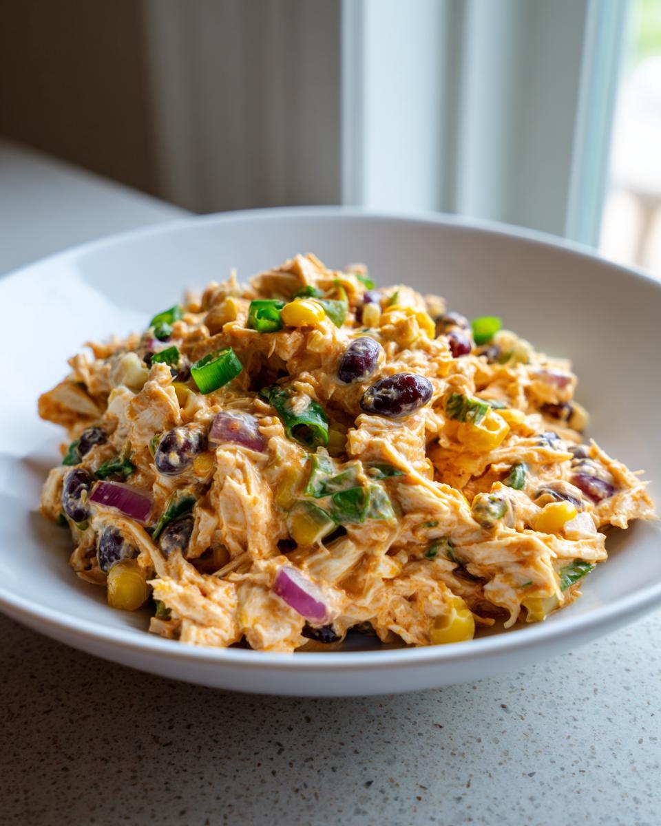 A close-up of creamy, vibrant southwest chicken salad mixed with black beans, corn, red onion, and green peppers.