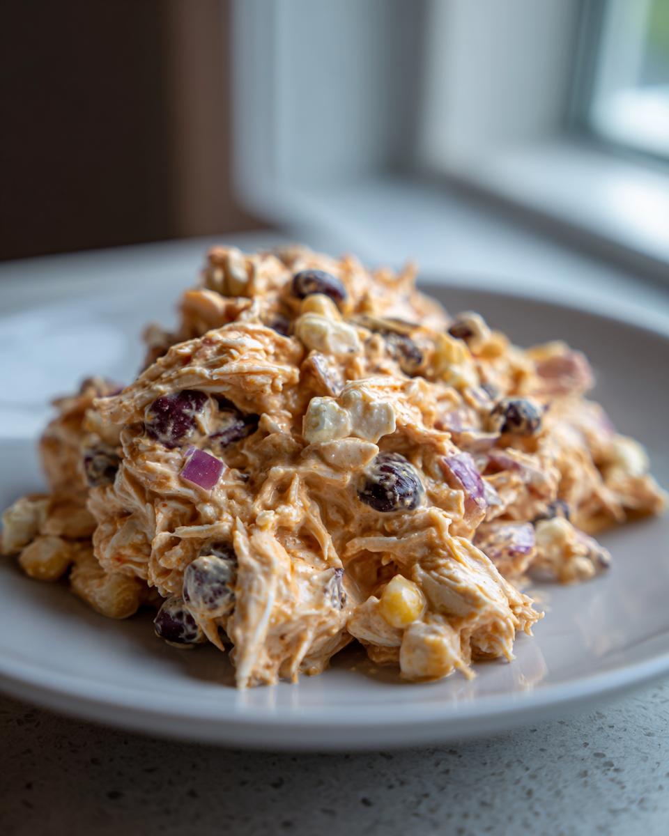 A close-up of a mound of creamy, orange-tinged southwest chicken salad mixed with black beans, corn, and red onion.