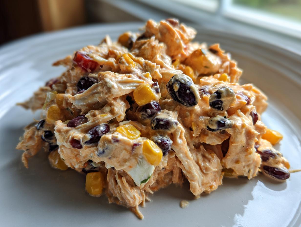 A close-up serving of creamy southwest chicken salad mixed with black beans and corn, plated on white dish.