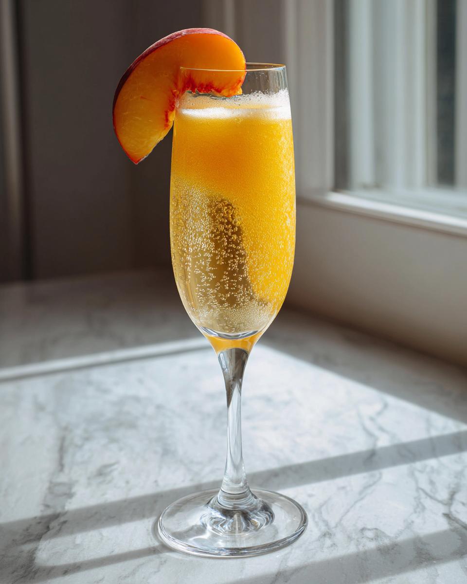 A sparkling bellini recipe cocktail in a champagne flute, garnished with a fresh peach slice.