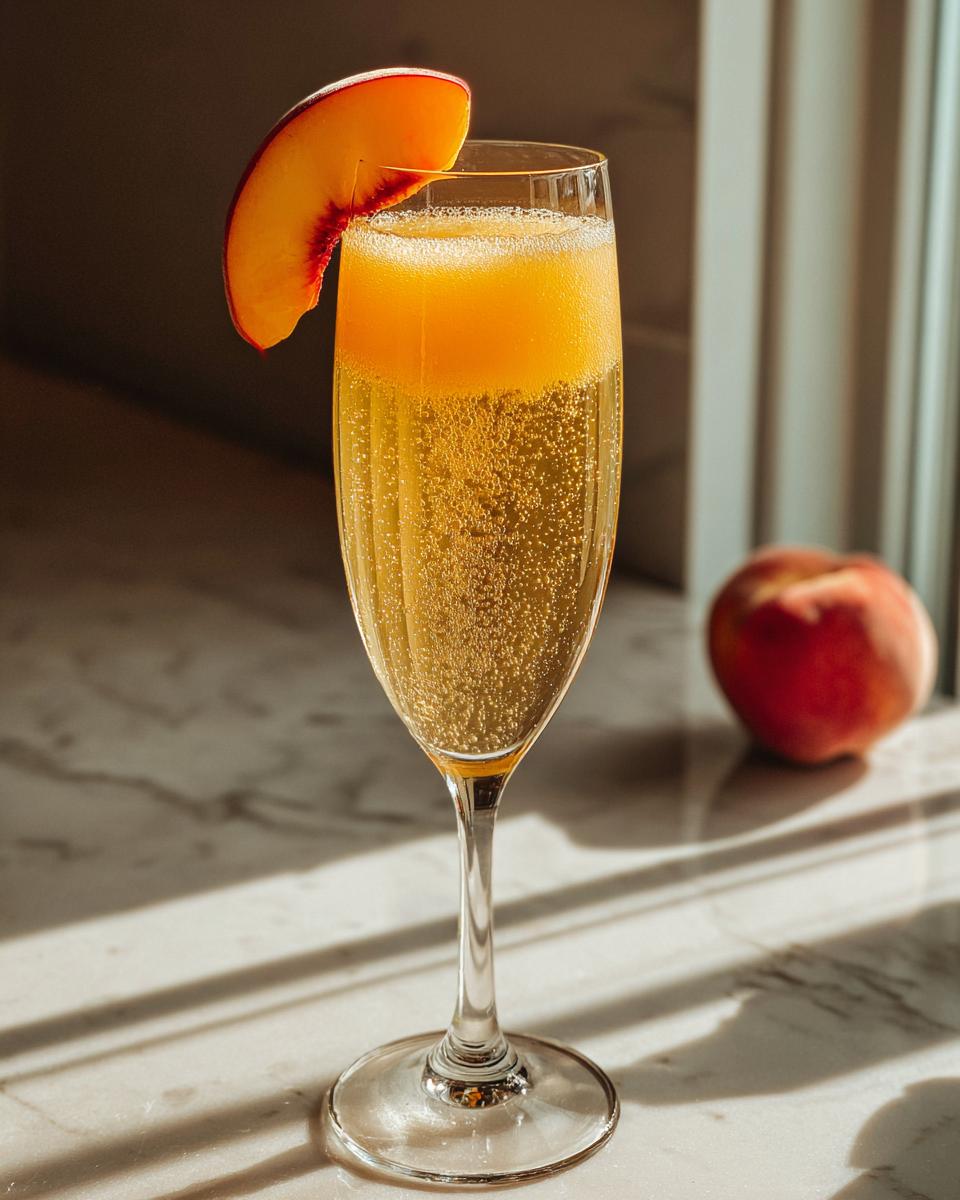 A sparkling peach bellini recipe cocktail in a flute glass, garnished with a fresh peach slice.