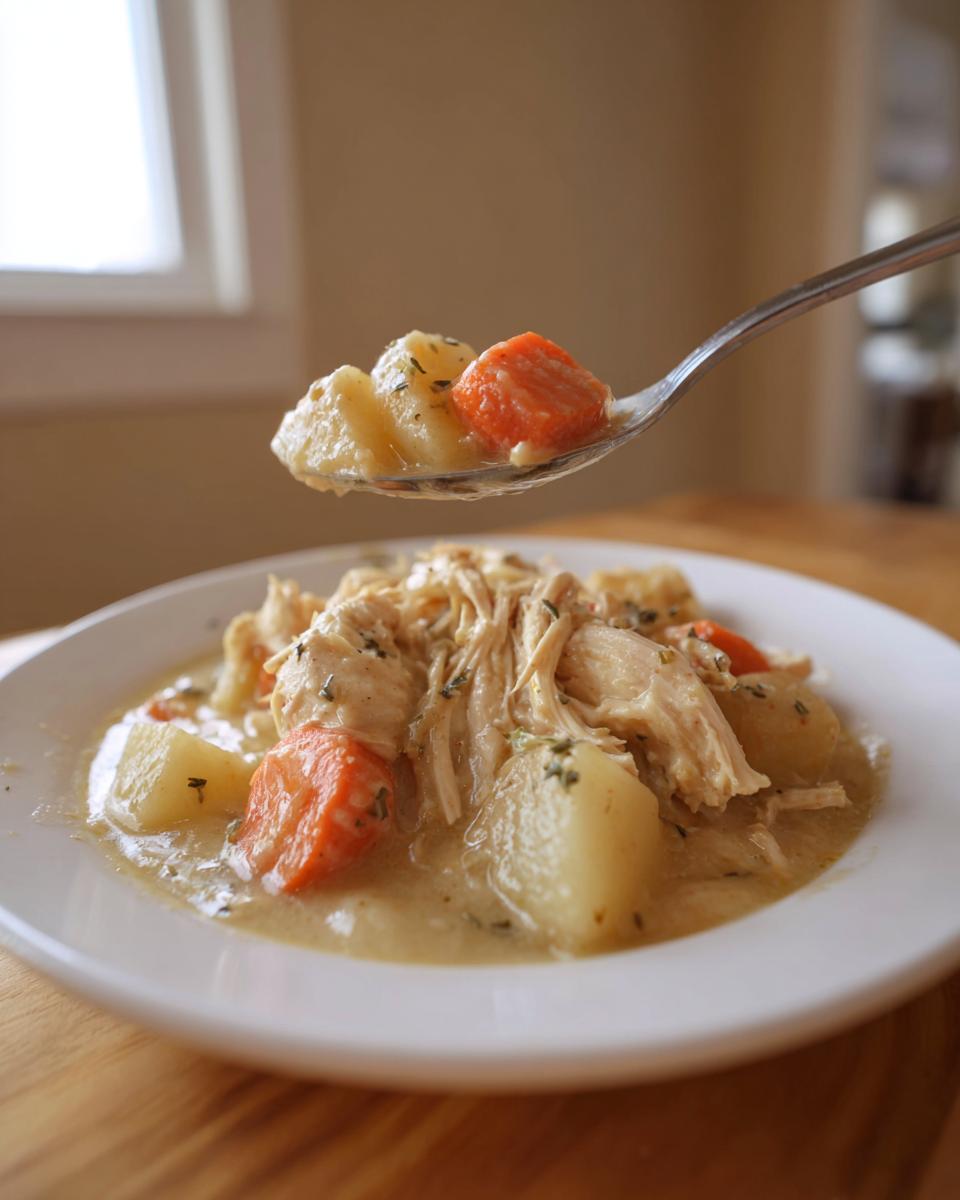 A spoonful of shredded chicken, carrots, and potatoes lifted from a bowl of creamy slow cooker chicken stew.