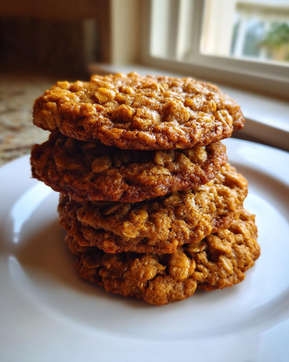 A stack of four perfectly baked, chewy oatmeal cookies resting on a white plate.