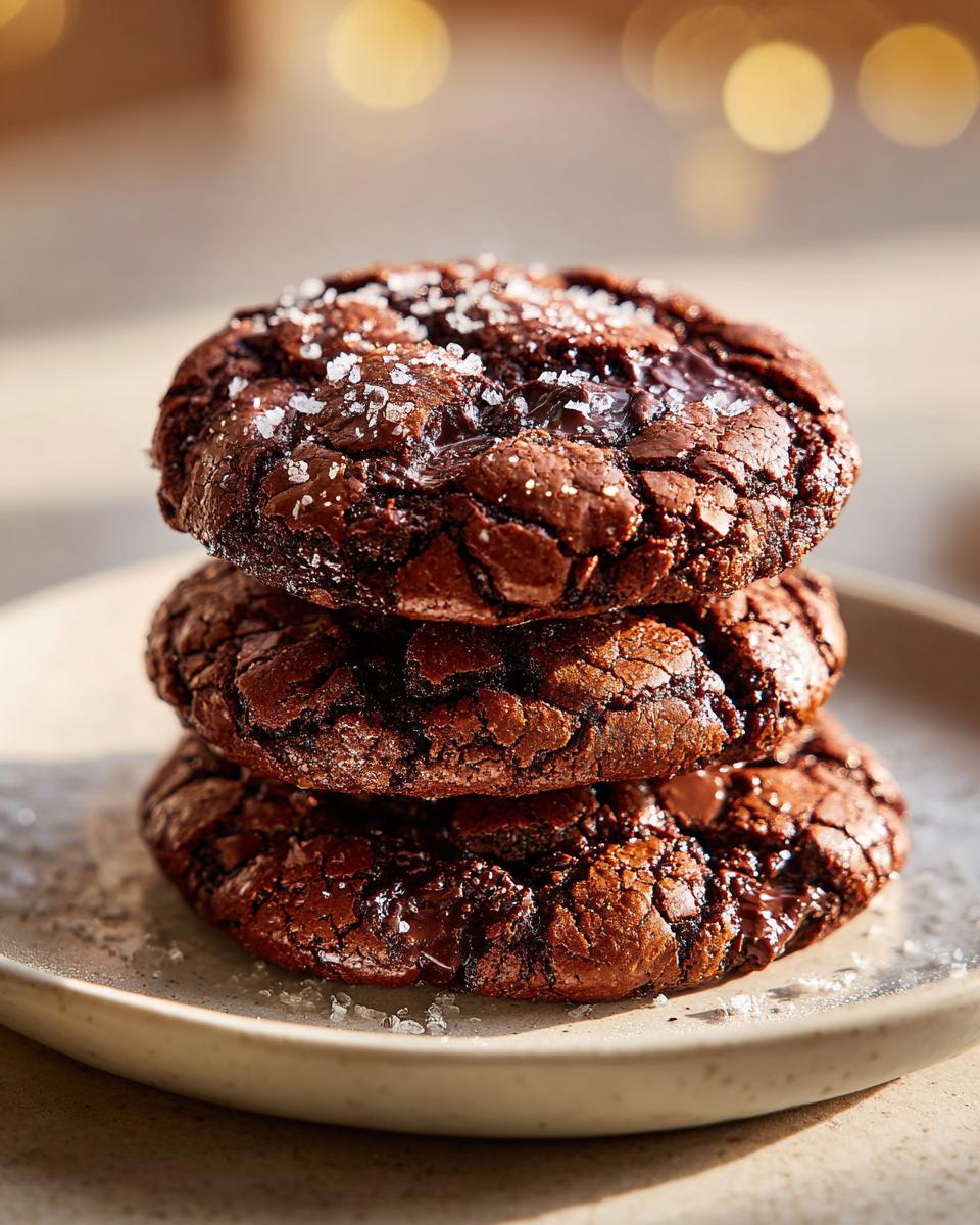 A stack of three rich, fudgy chocolate brownie cookies topped with flaky sea salt, ready to eat.