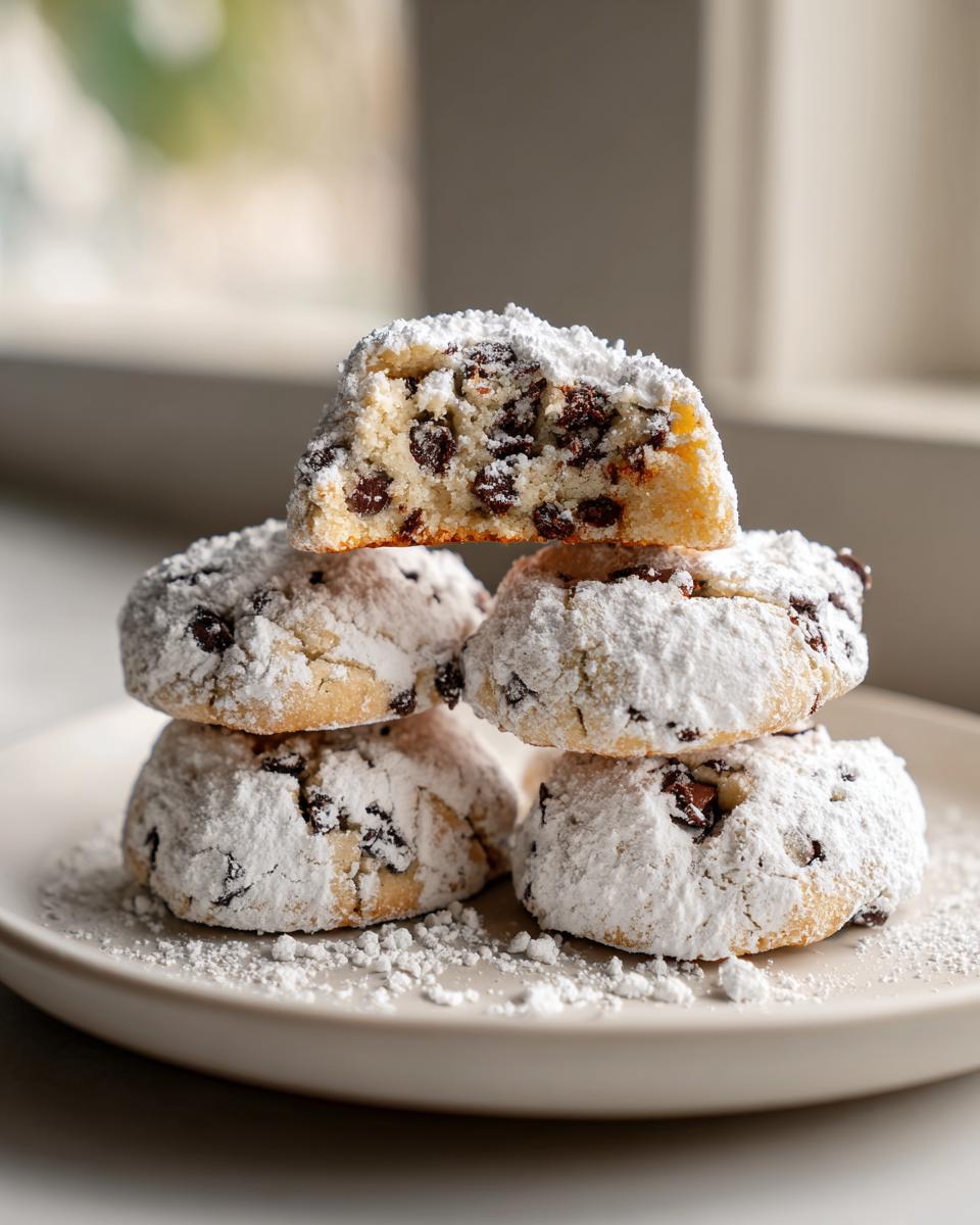 A stack of four chocolate chip cannoli cookies heavily dusted with powdered sugar, one cookie broken open to show the interior.