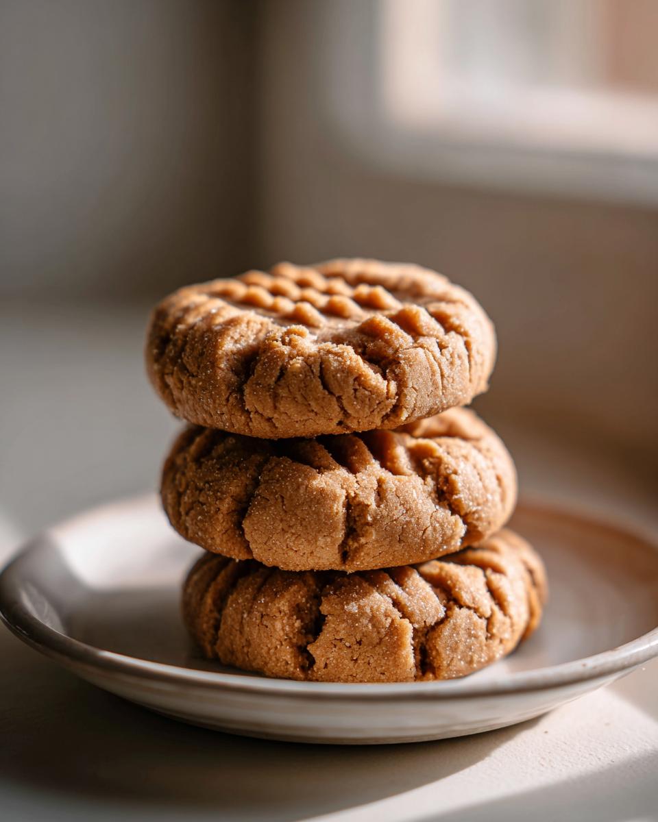 A stack of three classic peanut butter cookies showing the traditional criss-cross fork pattern, sitting on a small plate.