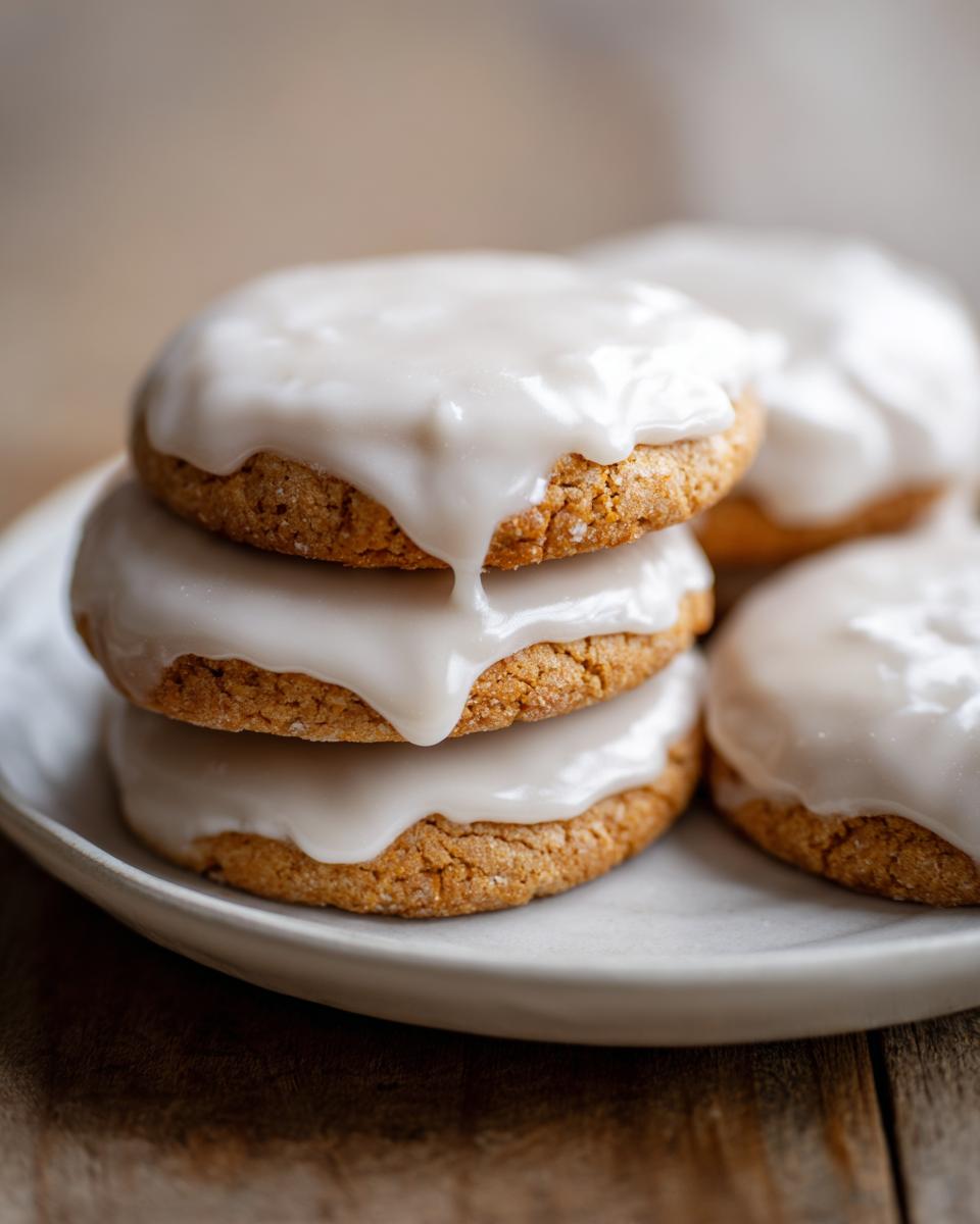 A stack of three golden brown cookies topped with thick, glossy sugar cookie icing dripping down the sides.
