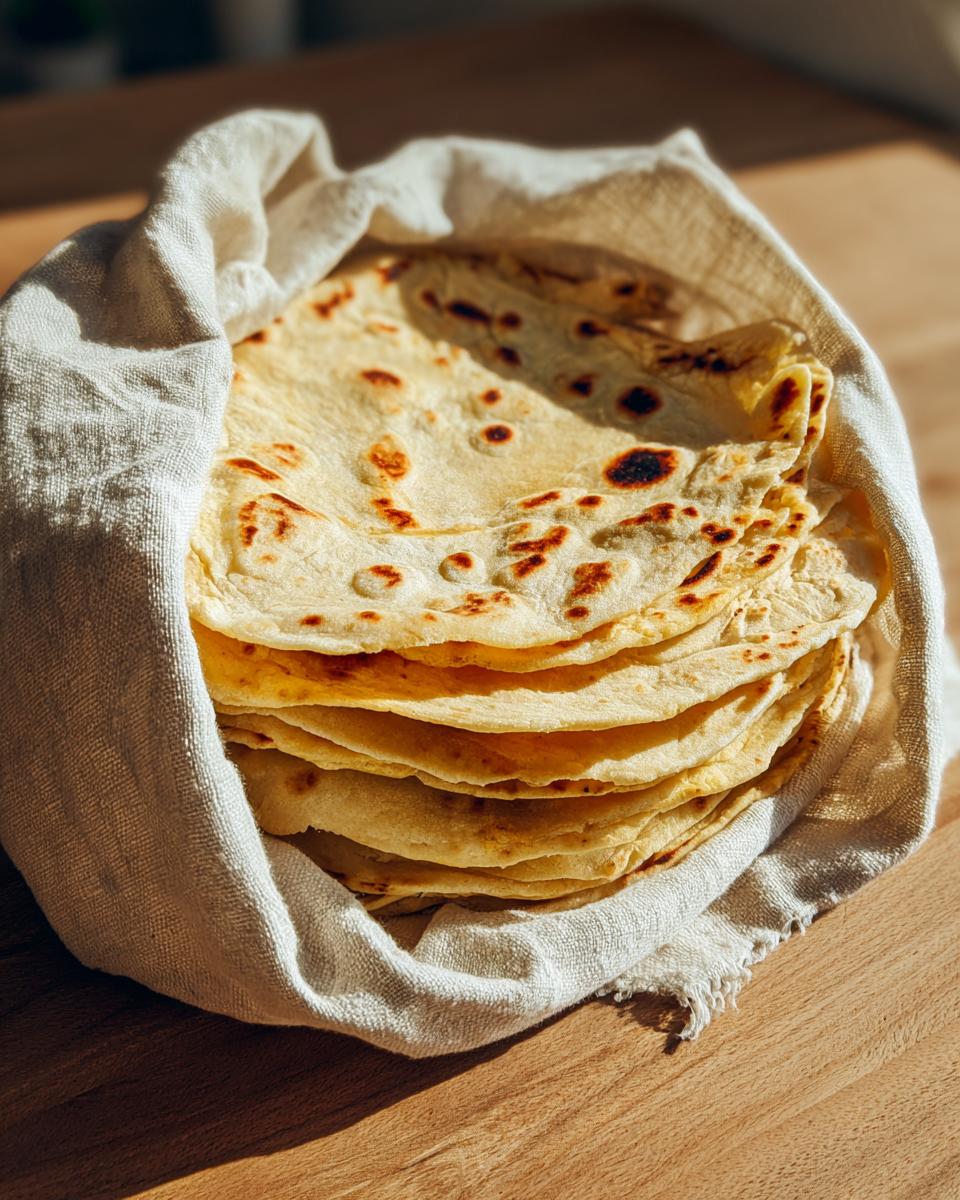 A stack of freshly made corn tortillas, slightly charred, wrapped in a light linen cloth on a wooden surface.
