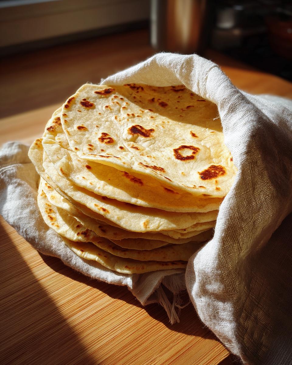 A warm stack of freshly made corn tortillas wrapped in a white cloth on a wooden surface.