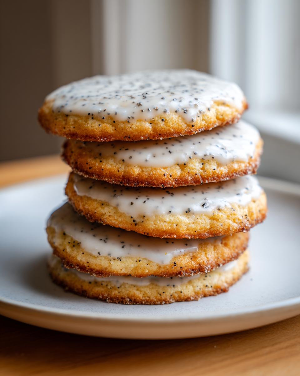 A stack of four round, golden-brown earl grey cookies topped with a white glaze speckled with poppy seeds.