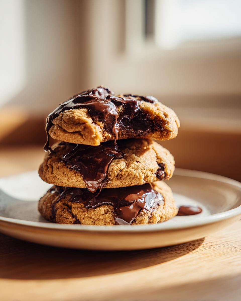 A stack of three thick, chewy vegan chocolate chip cookies generously drizzled with melted chocolate.