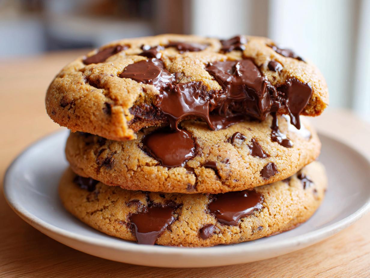A stack of three soft, thick vegan chocolate chip cookies with melted chocolate oozing from the top one.
