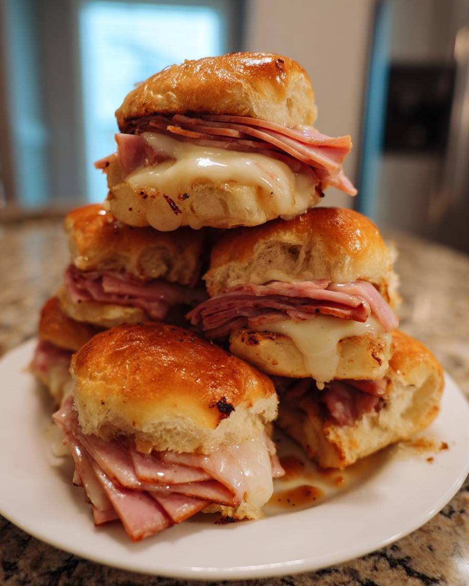 A tall stack of hot, cheesy ham and cheese grinder sliders piled on a white plate.