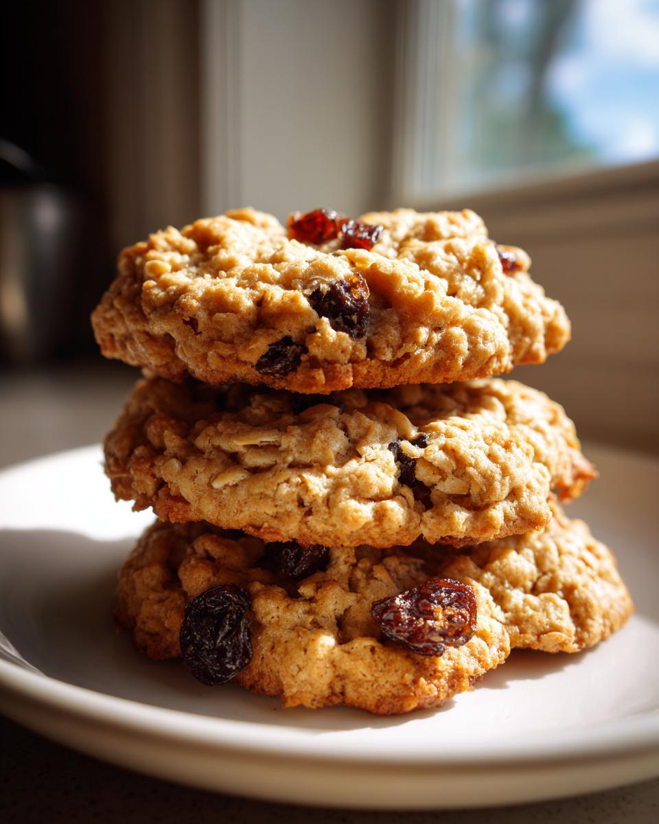 A stack of three thick, chewy oatmeal raisin cookies sitting on a white plate, bathed in natural light.