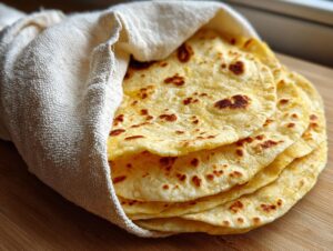 A warm stack of freshly made corn tortillas, slightly charred, kept soft inside a white cloth on a wooden surface.