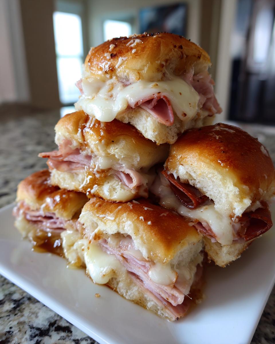 A stack of warm, cheesy grinder sliders piled high on a white plate, featuring ham and melted white cheese.