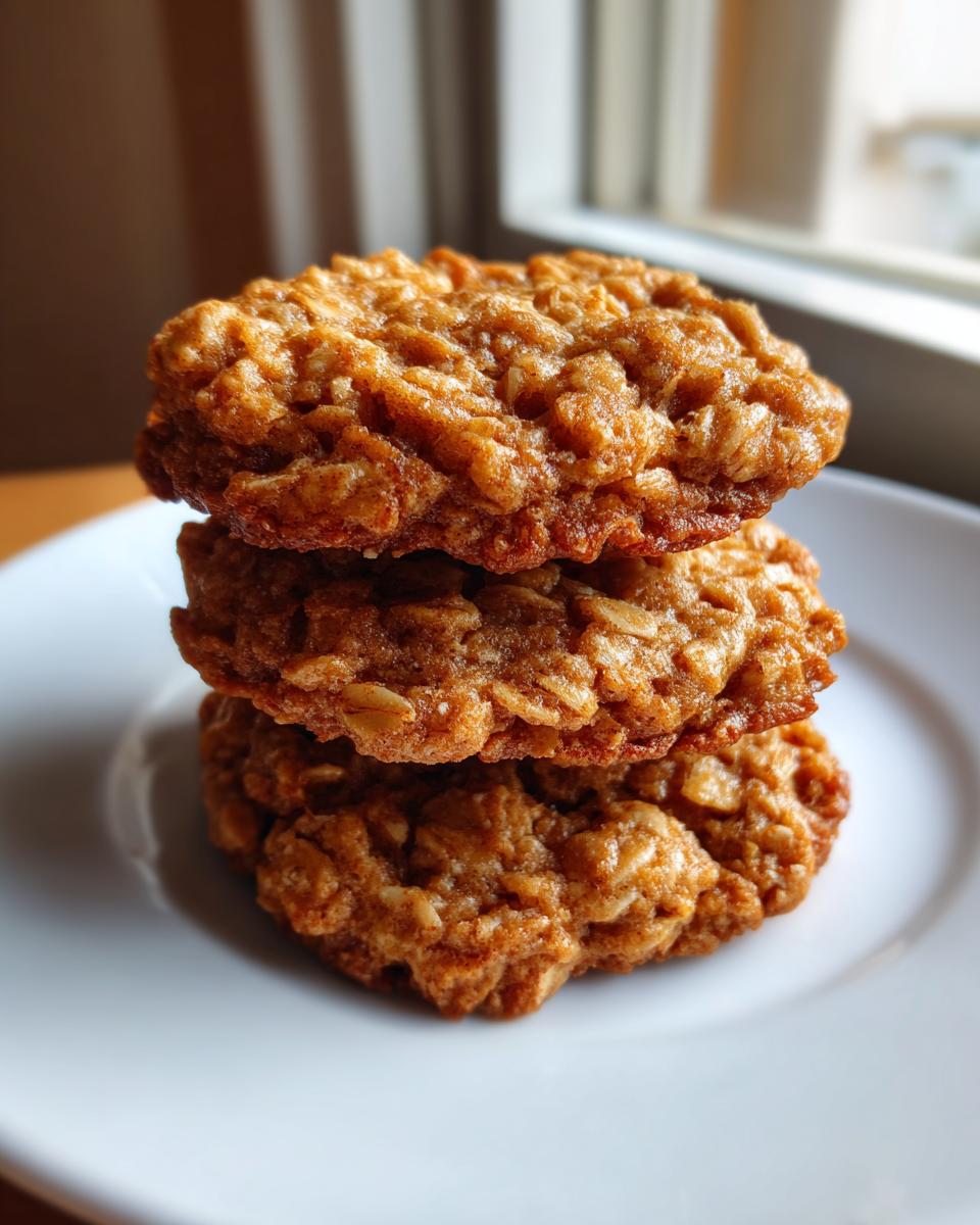 Three golden brown, chewy oatmeal cookies stacked vertically on a white plate.