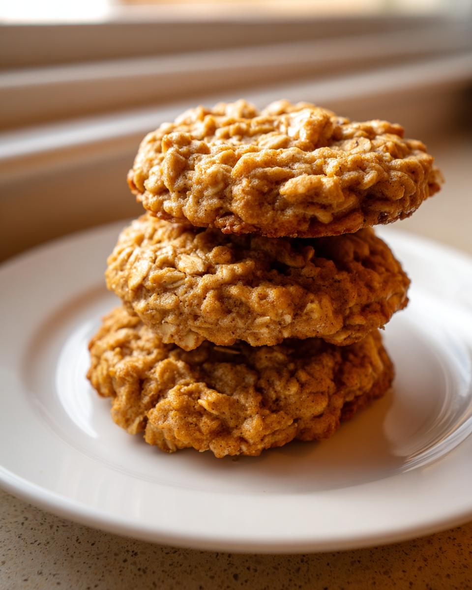 A stack of three freshly baked, chewy oatmeal cookies resting on a white plate.
