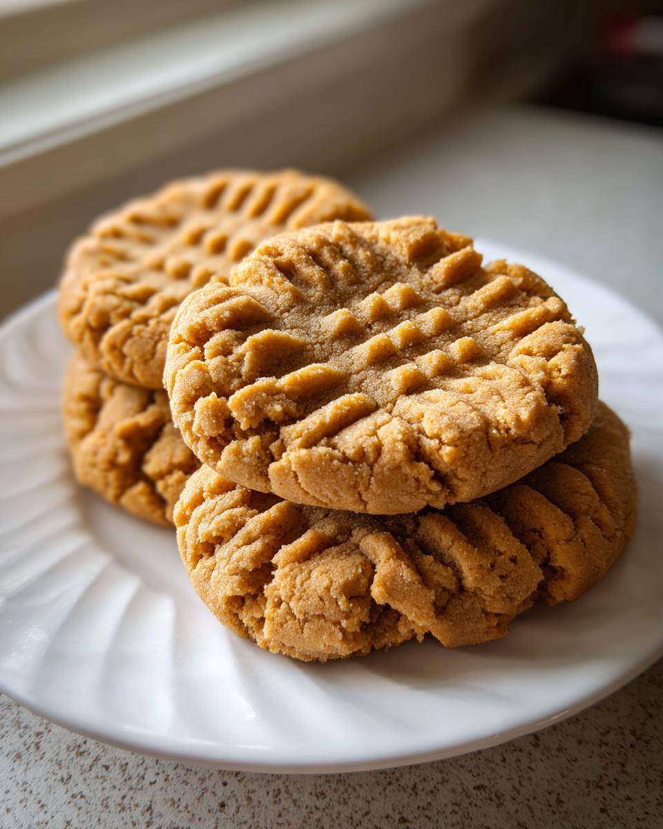 Close-up of a stack of three golden brown peanut butter cookies showing the traditional crisscross fork pattern.