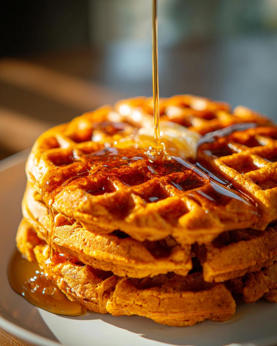 Close-up of a stack of golden brown pumpkin waffles being drizzled with maple syrup and topped with butter.