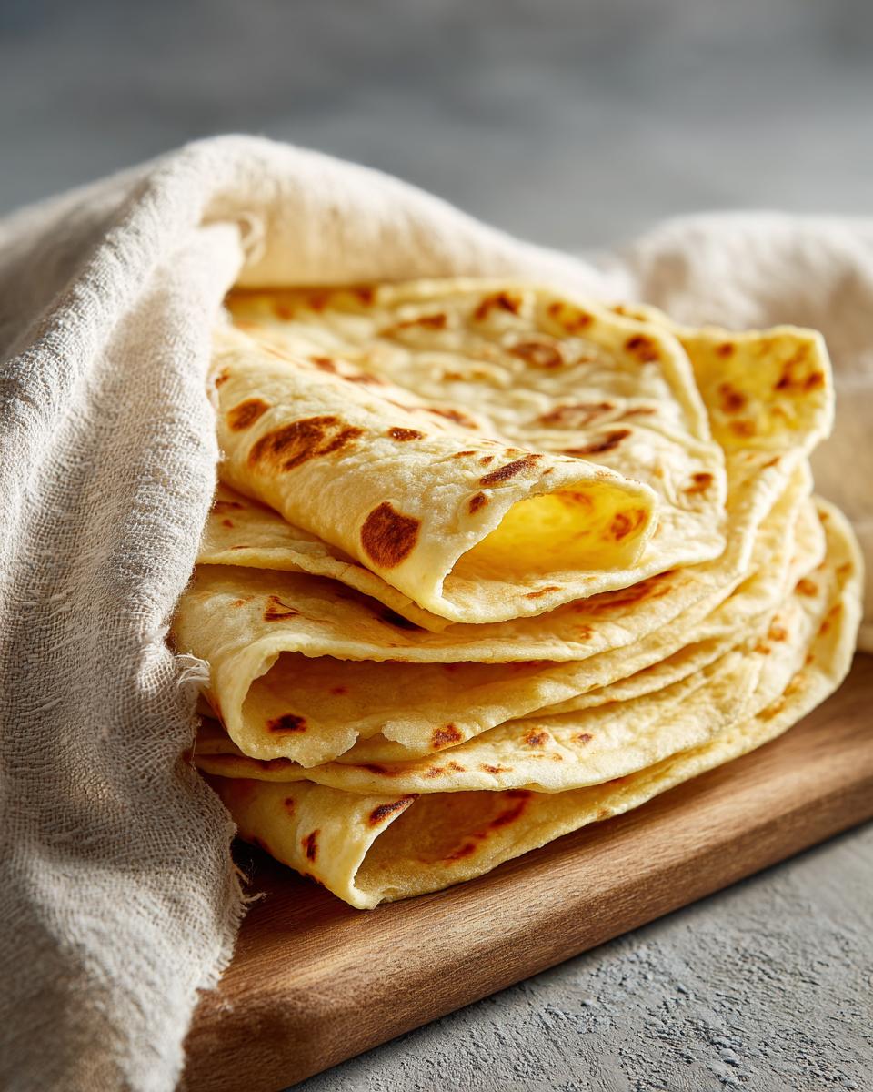 A warm stack of freshly made corn tortillas, lightly browned, wrapped partially in a light cloth on a wooden board.