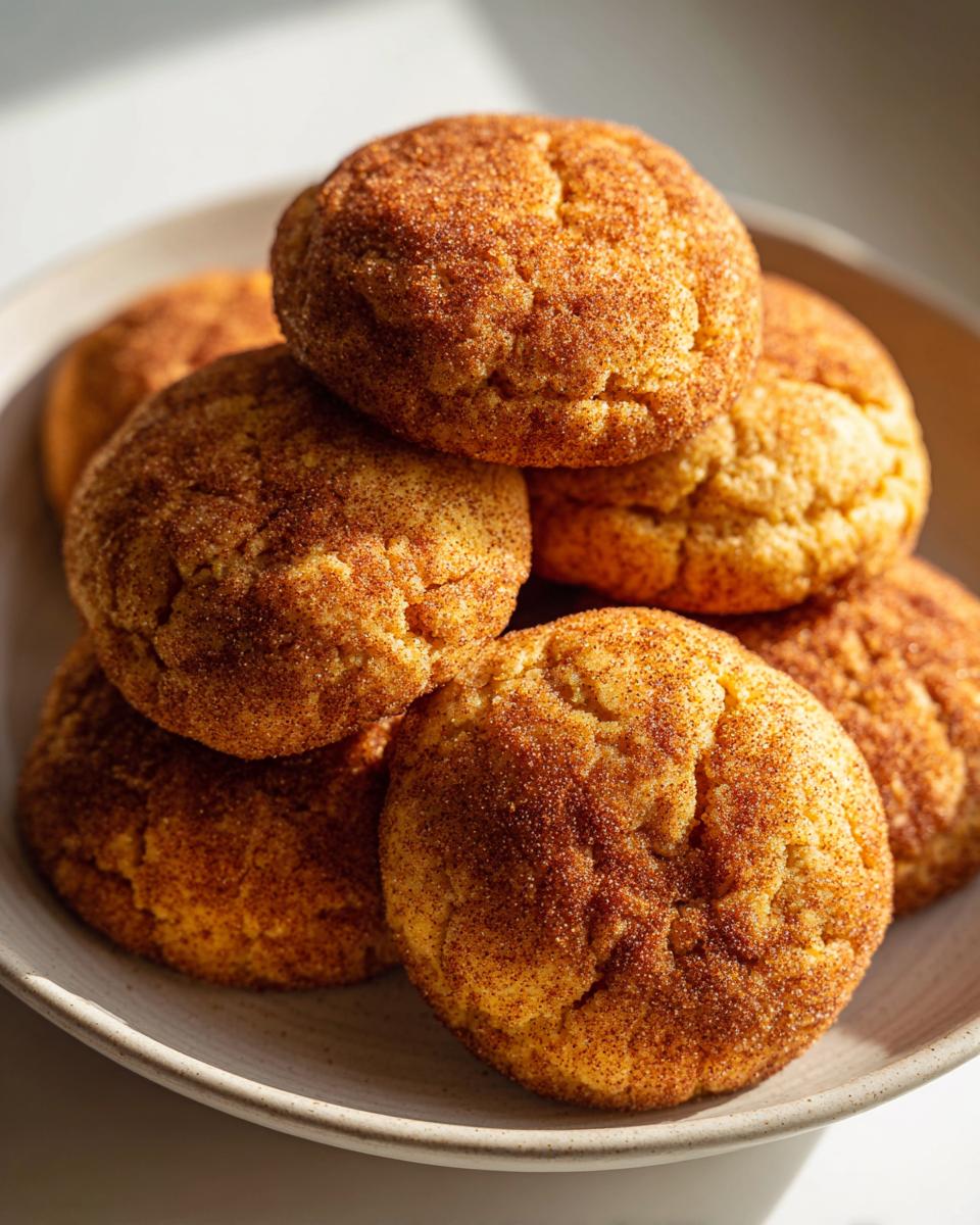 A close-up stack of soft, chewy pumpkin snickerdoodle cookies generously coated in cinnamon sugar.