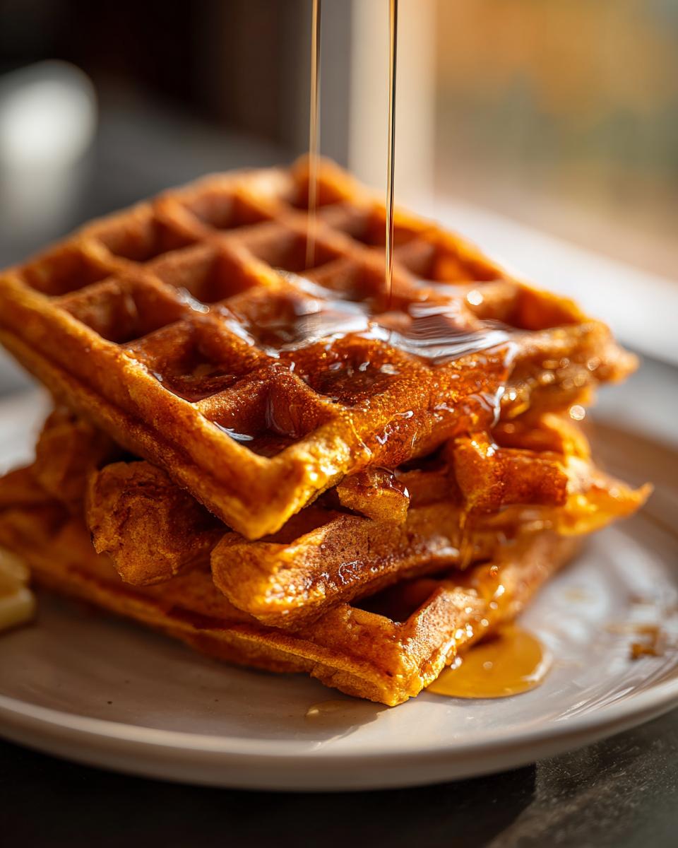 Close-up of a stack of golden brown pumpkin waffles being drizzled with syrup.