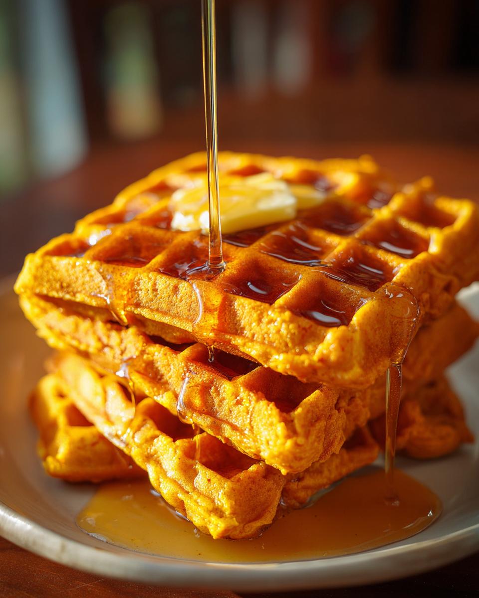 Close-up of a stack of golden pumpkin waffles topped with melting butter and syrup being poured over them.