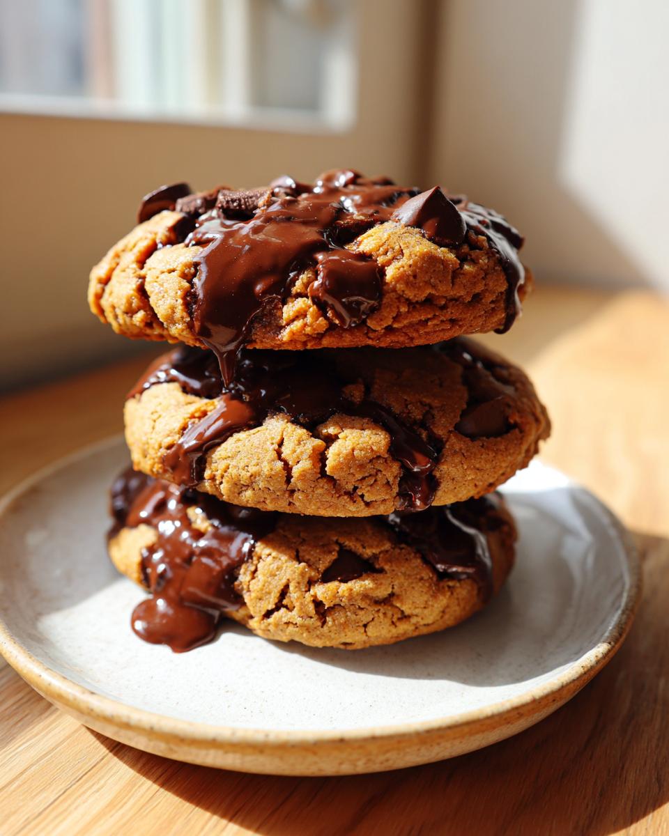 Three stacked, thick vegan chocolate chip cookies generously drizzled with melted chocolate.