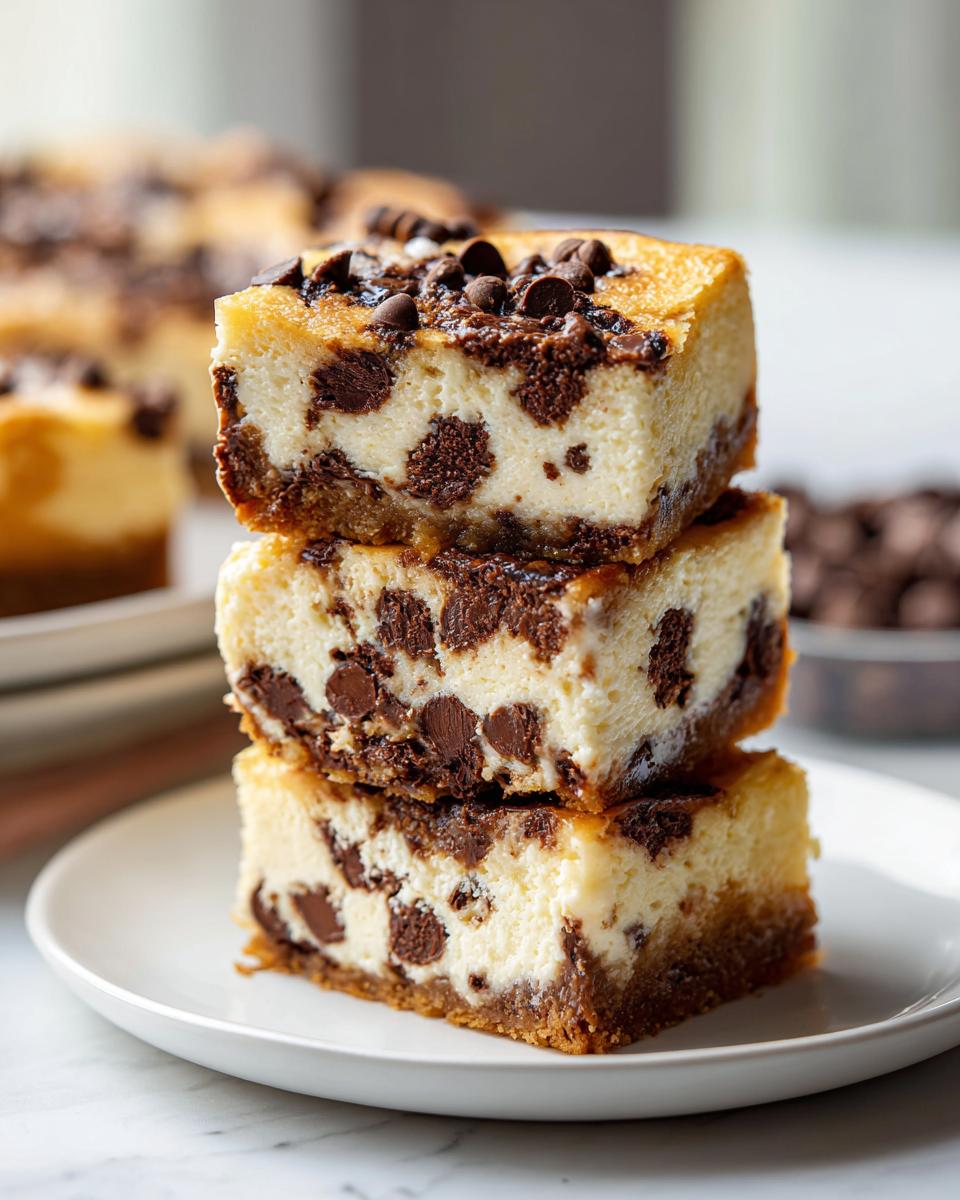 Three rich slices of chocolate chip cheesecake stacked on a white plate, showing the creamy filling and chocolate chips.