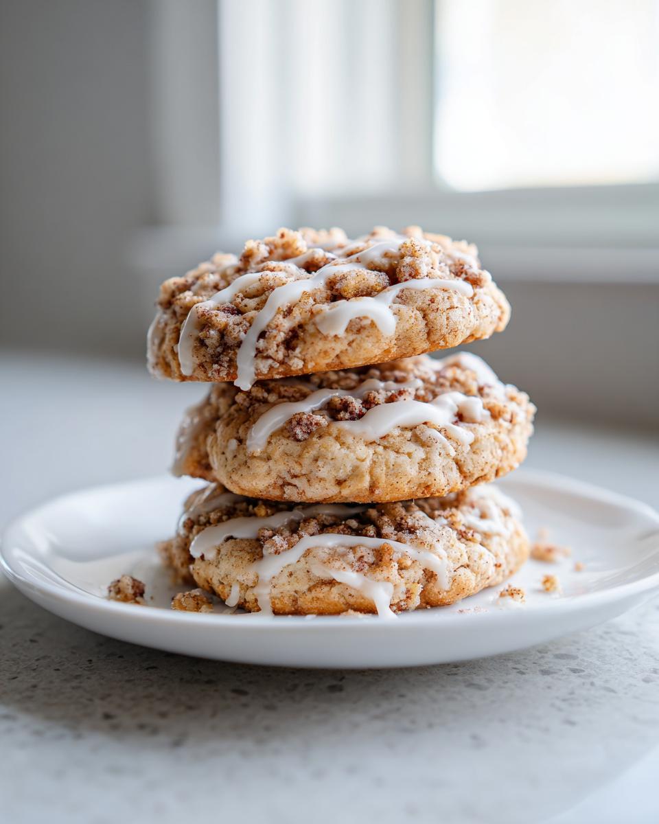 Three stacked coffee cake cookies topped with cinnamon streusel and a white vanilla glaze on a white plate.