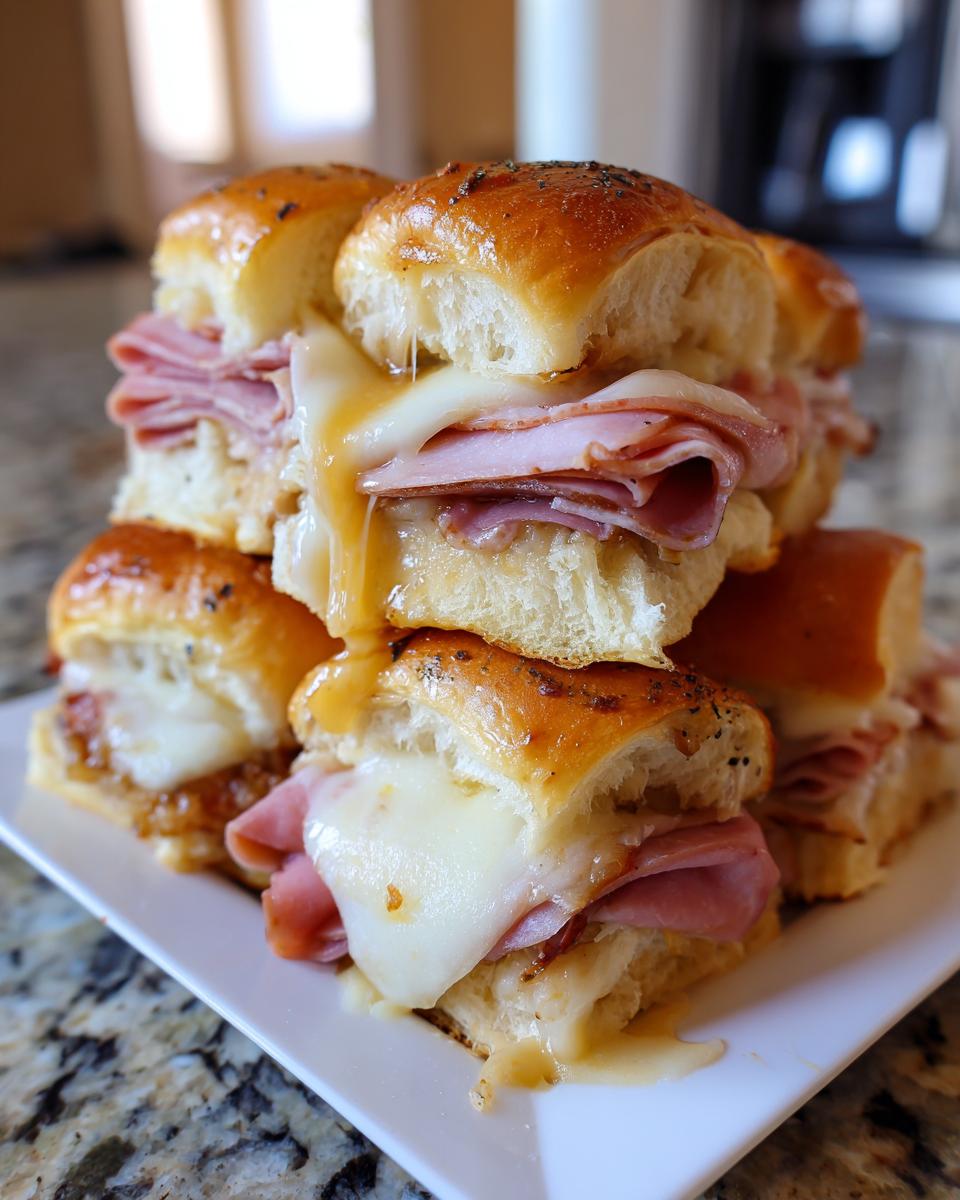 A stack of warm, gooey grinder sliders piled high with ham and melted white cheese.