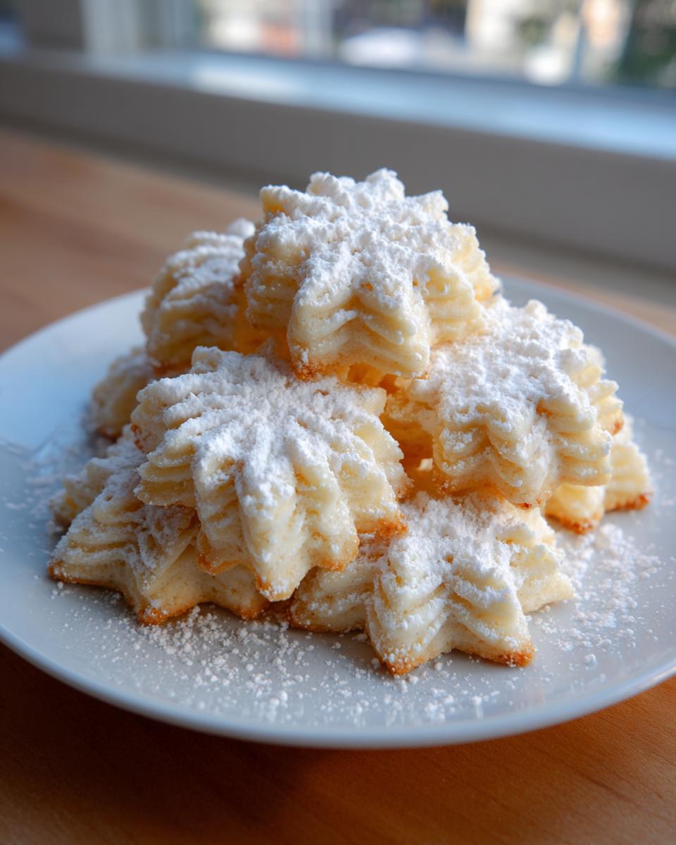 A stack of star-shaped whipped shortbread cookies generously dusted with powdered sugar on a white plate.
