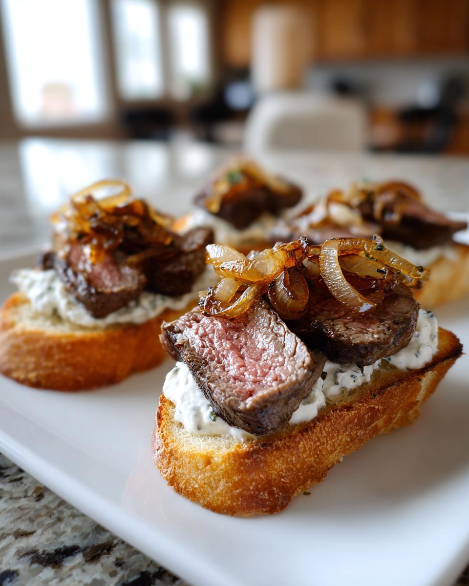 Close-up of three steak crostini bites topped with medium-rare steak, creamy spread, and caramelized onions.