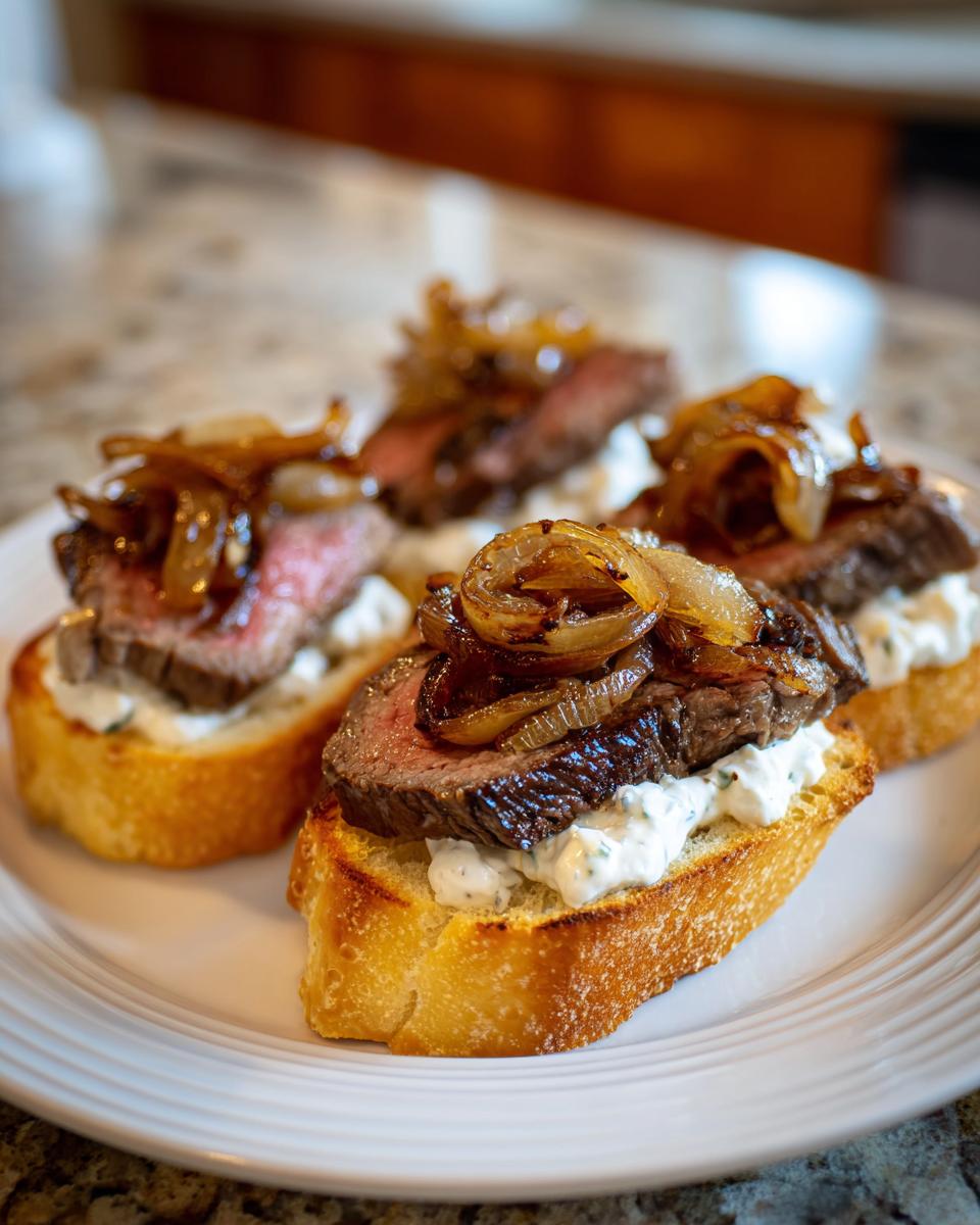 Four pieces of steak crostini topped with creamy spread, medium-rare steak, and caramelized onions on a white plate.