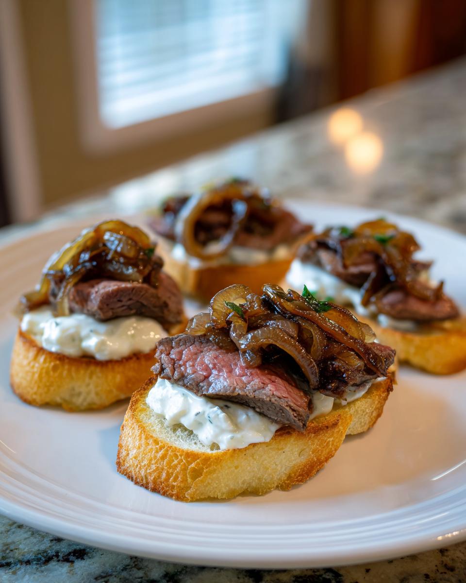 Four pieces of steak crostini topped with creamy sauce, medium-rare steak, and caramelized onions served on a white plate.