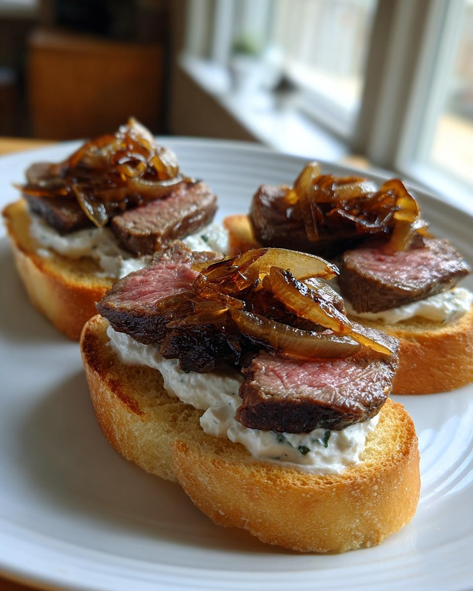 Three pieces of steak crostini topped with creamy cheese and caramelized onions, showing medium-rare steak.
