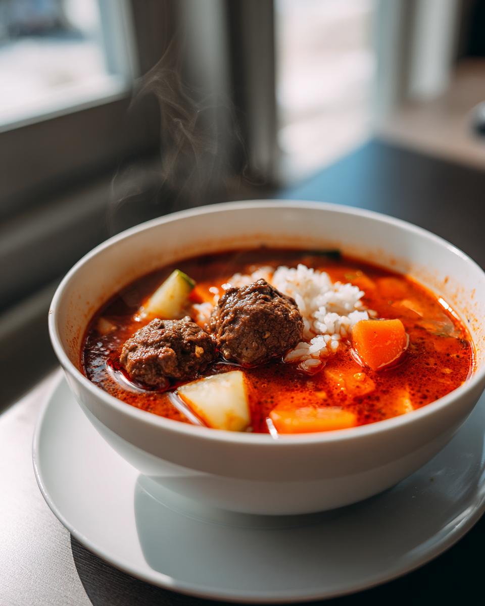 Close-up of a steaming white bowl filled with rich red albondigas soup, featuring meatballs, rice, carrots, and zucchini.