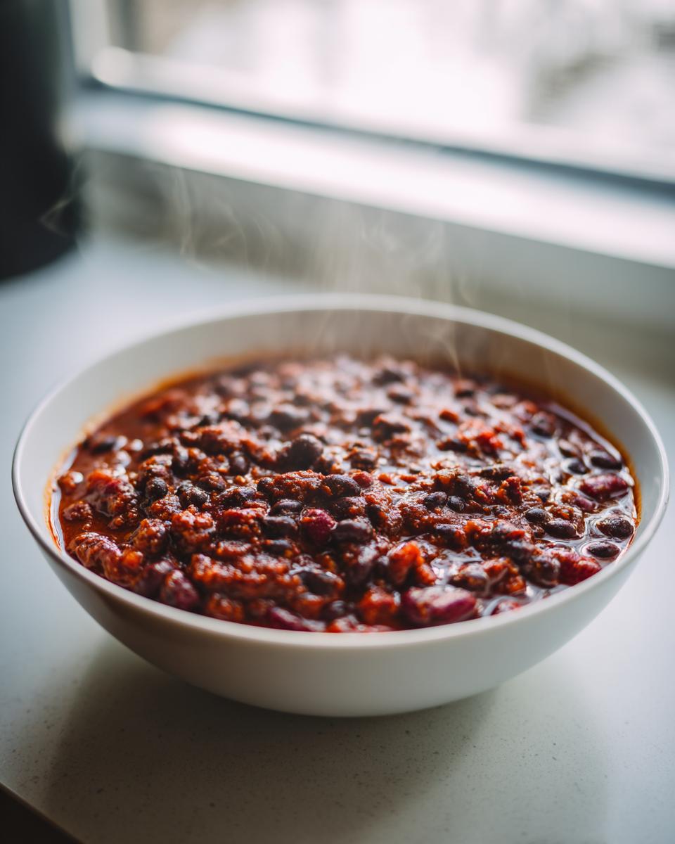 A close-up view of a steaming white bowl filled with rich, dark red black bean chili.