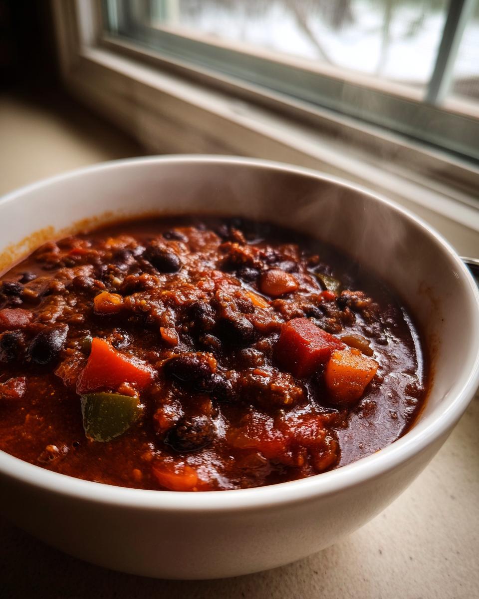 Close-up of a steaming white bowl filled with rich, dark black bean chili containing visible chunks of vegetables.