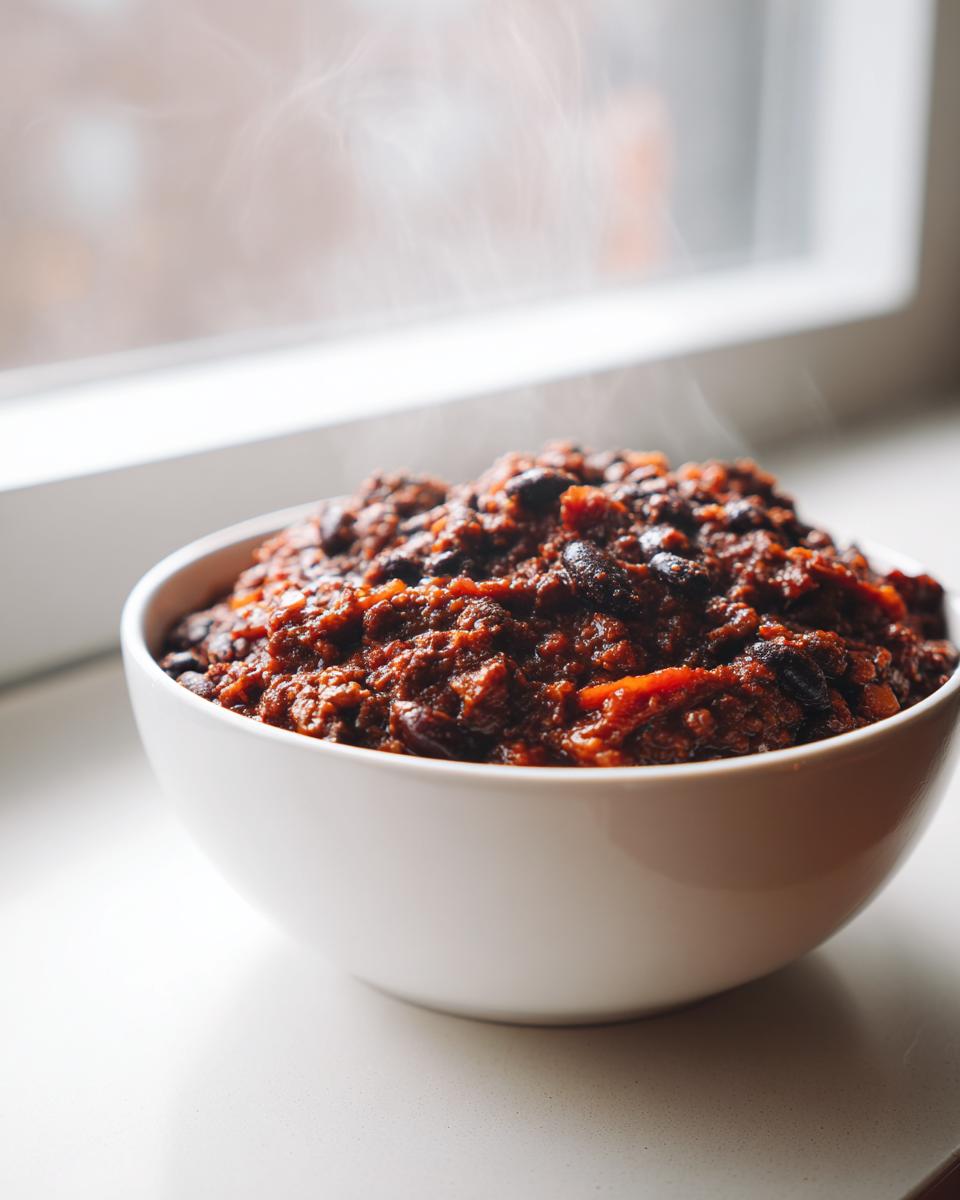 A close-up of a white bowl filled with steaming, rich black bean chili, set near a bright window.