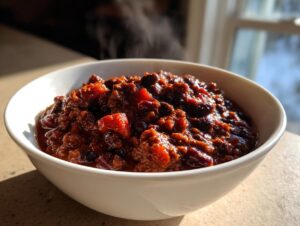 Close-up of a steaming white bowl filled with rich, dark red black bean chili.
