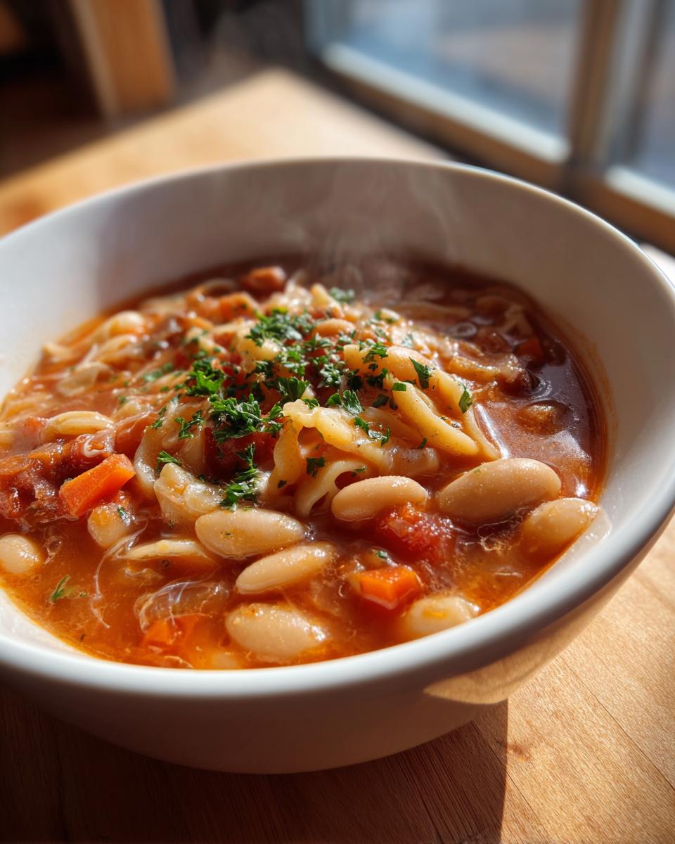 Close-up of a steaming white bowl filled with rich pasta fagioli, featuring cannellini beans, pasta, and chopped parsley garnish.