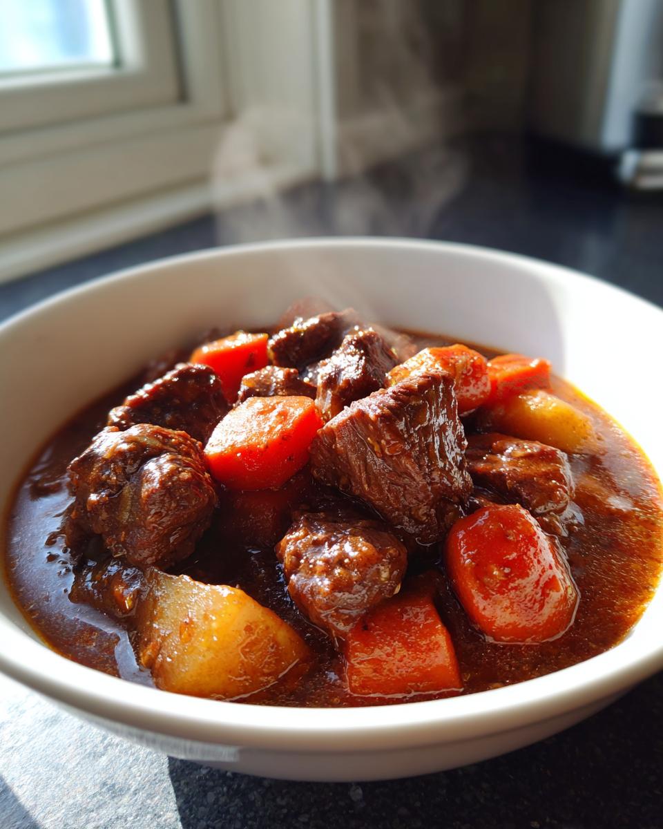 Close-up of a steaming white bowl filled with rich, dark crockpot beef stew chunks and bright orange carrots.