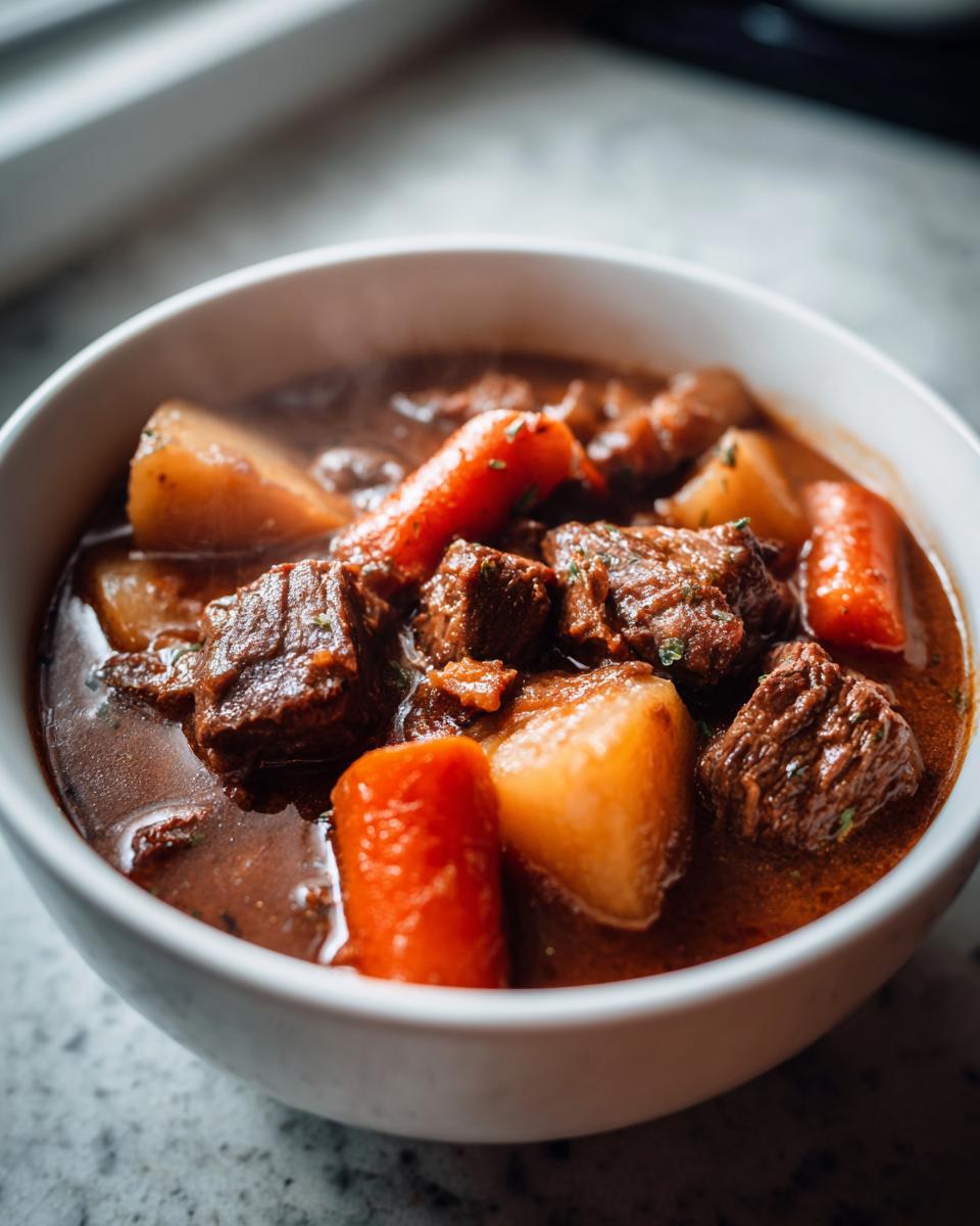 Close-up of a steaming white bowl filled with rich, dark crockpot beef stew chunks, carrots, and potatoes.