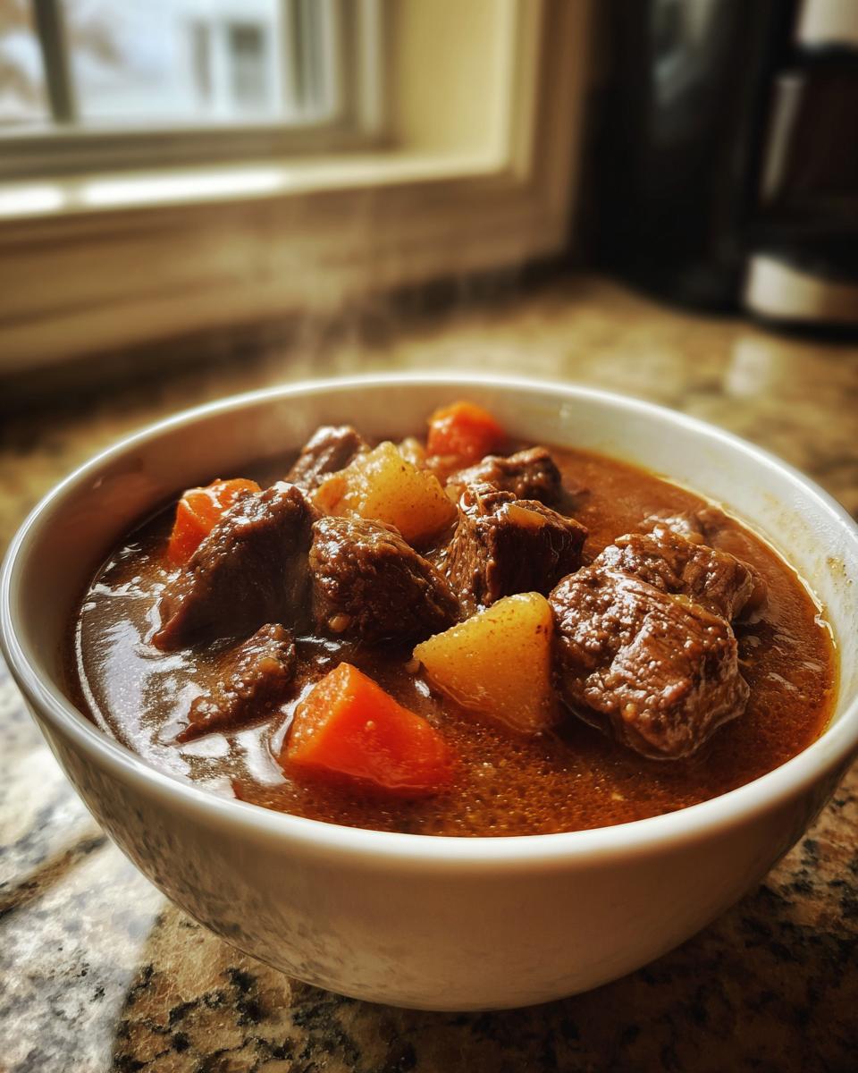 A close-up of a steaming white bowl filled with rich crockpot beef stew chunks and bright orange carrots.